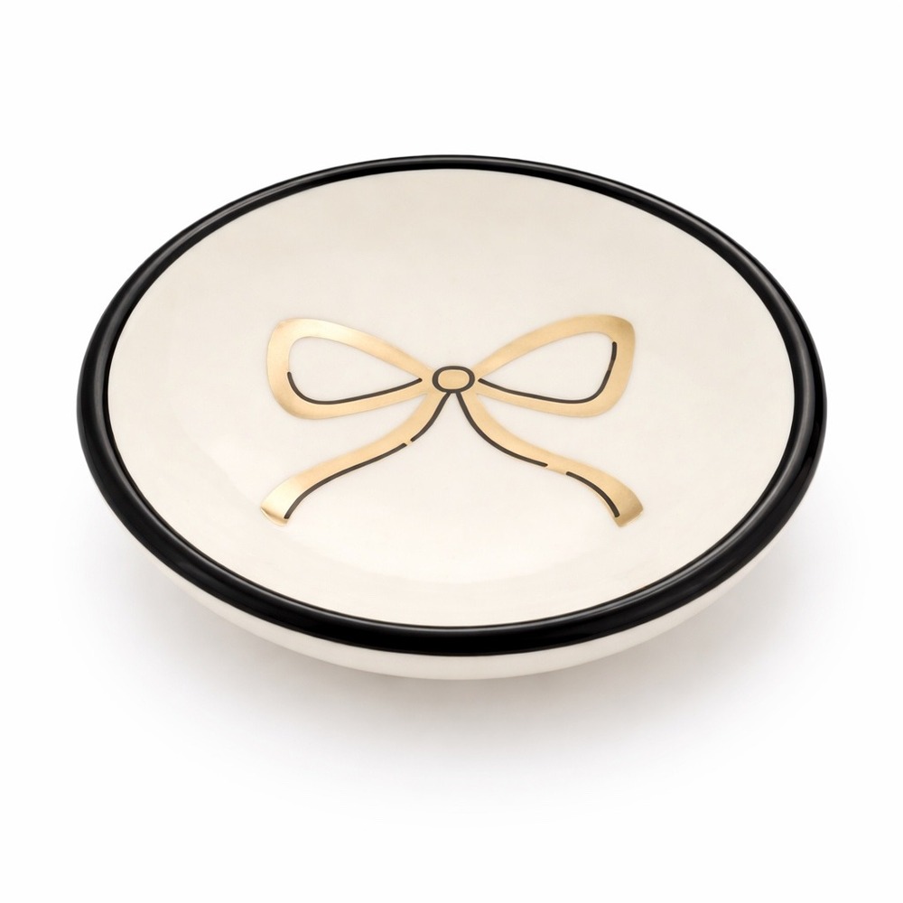 Gold Bow Jewelry Dish Cream Black Rim Trinket Tray Catchall